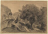 Rocky Landscape, Charles-François Daubigny French, Black chalk on brown paper