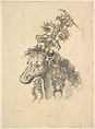 Design for the Headdress of a Horse Crowned by a Small Lizard, Baccio del Bianco (and workshop) Italian, Blank ink and gray washes, heightened with silver (?)