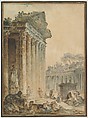 Capriccio with an Ancient Temple, Hubert Robert (French, Paris 1733–1808 Paris), Watercolor over pen and black ink, traces of black chalk underdrawing on off-white antique laid paper