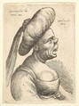 Bust of woman with wide open mouth and up-turned nose, wearing large flat turban with cloth hanging down behind in profile to right, Wenceslaus Hollar  Bohemian, Etching; only state