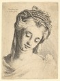 Bust of a young woman with elaborate headdress, looking down., Wenceslaus Hollar Bohemian, Etching; only state