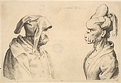 Two deformed heads facing each other, Attributed to Wenceslaus Hollar (Bohemian, Prague 1607–1677 London), Etching and engraving; second state of two