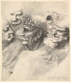 Five grotesque heads, including an elderly man with an oak leaf wreath, Wenceslaus Hollar Bohemian, Etching; only state