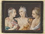 Heads of Goddesses (Flora, Diana, Ceres), Anonymous, French, 17th century  French, Watercolor and gouache, border in black wash, framing lines in pen and gold ink