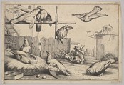 Eight Pigeons (or Doves) in a Farmyard near a Coup, a Dovecote in the Background, Wenceslaus Hollar  Bohemian, Etching; first state of two