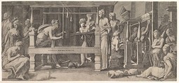 Penelope standing in the centre by a large weaving table amongst her women spinning and weaving, Master FG  Italian, Engraving