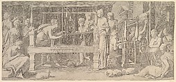 Women spinning, weaving and sewing, Master FG  Italian, Engraving