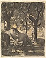 A Man Reading in a Garden (recto); Preliminary sketch for a Man Reading in a Garden (verso), Honoré Daumier (French, Marseilles 1808–1879 Valmondois), Watercolor over black chalk, with pen and ink, brush and wash, and lithographic crayon.
Verso: pen and brown ink, black gray wash, and lithographic crayon