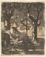 A Man Reading in a Garden (recto); Preliminary sketch for a Man Reading in a Garden (verso), Honoré Daumier (French, Marseilles 1808–1879 Valmondois), Watercolor over black chalk, with pen and ink, brush and wash, and lithographic crayon.
Verso: pen and brown ink, black gray wash, and lithographic crayon