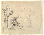 A Man Reading in a Garden (recto); Preliminary sketch for a Man Reading in a Garden (verso), Honoré Daumier (French, Marseilles 1808–1879 Valmondois), Watercolor over black chalk, with pen and ink, brush and wash, and lithographic crayon.
Verso: pen and brown ink, black gray wash, and lithographic crayon