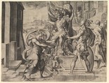 Rome emperor on a throne, vestal virgin Tuccia holding a sieve approaching from the left, Giulio Bonasone (Italian, active Rome and Bologna, 1531–after 1576), Engraving
