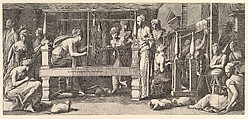 Women spinning, weaving and sewing, Master FG  Italian, Engraving