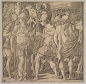 Alexander welcoming Thalestris and the Amazons, Master FG  Italian, Engraving
