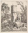 An Old Lady Sitting Near a Pillar at Side of Road, Johann Christoph Erhard  German, Etching; second state