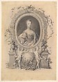 Portrait of Queen Marie-Antoinette in an ornamental frame, Johann Esaias Nilson  German, Pen and black ink, gray wash, heightened with white gouache, over graphite, incised contour lines; verso reddened with chalk for transfer
