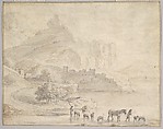 Cattle and Shepherds in a Southern Mountainous Landscape, Karel Dujardin Dutch, Graphite, brown wash, over red chalk. Framing line in pen and brown ink
