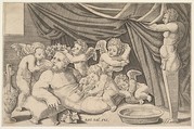 Bacchus surrounded by Putti, a statue of Priapus at right, Master of the Die Italian, Engraving