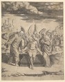 Christ seated on the tomb supported by angels, Master of the Die Italian, Engraving