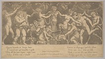 The sacrifice to Priapus who is in the form of a statue in the centre,  Bacchus and a satyr at the left, Master of the Die  Italian, Engraving
