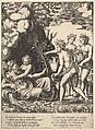 Daphne embracing her father, the river-god Peneus, at the left three nymphs bring jars from "Story of Apollo and Daphne", Master of the Die Italian, Engraving