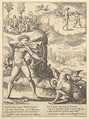 Apollo standing at left shooting a python with an arrow, above to the left are the muses and at right on a cloud Cupid approaching Apollo, from the "Story of Apollo and Daphne", Master of the Die Italian, Engraving