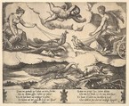 Allegory of Marriage and Love; Juno in a chariot drawn by peacocks at left, Venus in a chariot drawn by three doves at the right, Master of the Die  Italian, Engraving