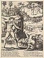 Apollo standing at left shooting a python with an arrow, above to the left are the muses and at right on a cloud Cupid approaching Apollo, from "Story of Apollo and Daphne", Master of the Die Italian, Engraving