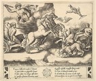 Apollo in his horse-drawn chariot at the left, above him above Jupiter hurls a thunderbolt, Venus at right in her chariot drawn by animals, from "Story of Apollo and Daphne", Master of the Die Italian, Engraving