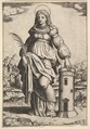 Saint Barbara standing, palm in her right hand, resting her left hand on a tower, Master of the Die Italian, Engraving