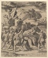 Christ carrying the cross surrounded by soldiers, several on horseback, Master of the Die Italian, Engraving