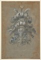 Design for a Lavish Headdress with Feathers on a Helmet (frontal view), Baccio del Bianco (and workshop) Italian, Blue gouache or watercolor heightend with white