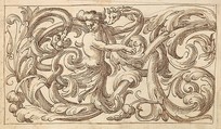 Horizontal Panel Design with a Man and Two Fantastical Creatures Interspersed between an Acanthus Rinceau, Anonymous, Italian, Venetian, 17th century Italian, Pen and brown ink over leadpoint