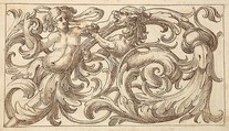Horizontal Panel Design with a Young Man and a (male) Sphinx Interspersed between Acanthus Rinceaux, Anonymous, Italian, Venetian, 17th century, Pen and brown ink over leadpoint