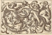 Horizontal Panel Design with Two Young Male Figures Interspersed between Acanthus Rinceaux, Anonymous, Italian, Venetian, 17th century Italian, Pen and brown ink over leadpoint