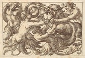 Horizontal Panel Design with Four Male Figures Fighting a Lion, Anonymous, Italian, Venetian, 17th century Italian, Pen and brown ink over leadpoint