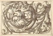Horizontal Panel Design with Two Male Figures Playing Horns Interspersed between Acanthus Rinceaux, Anonymous, Italian, Venetian, 17th century  Italian, Pen and brown ink over leadpoint