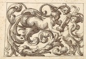 Horizontal Panel Design with a Man, a Snake and a Female Fantastical Creatures Interspersed between Acanthus Rinceaux, Anonymous, Italian, Venetian, 17th century Italian, Pen and brown ink over leadpoint