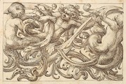 Horizontal Panel Design with Three Male Figures Interspersed between Acanthus Rinceaux, Anonymous, Italian, Venetian, 17th century Italian, Pen and brown ink over leadpoint