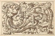Horizontal Panel Design with Two Young Male Figures Interspersed between Acanthus Rinceaux, Anonymous, Italian, Venetian, 17th century  Italian, Pen and brown ink over leadpoint