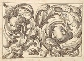 Horizontal Panel Design Filled with a Meandering Acanthus Rinceau and Two Fantastical Creatures., Anonymous, Italian, Venetian, 17th century  Italian, Pen and brown ink over leadpoint