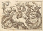 Horizontal Panel Design with a Three Figures and a Fantastical Creature Interspersed between Acanthus Rinceaux, Anonymous, Italian, Venetian, 17th century  Italian, Pen and brown ink over leadpoint