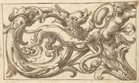 Horizontal Panel Design with a Male Figure and a Lion Interspersed between Acanthus Rinceaux, Anonymous, Italian, Venetian, 17th century Italian, Pen and brown ink over leadpoint
