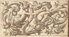 Horizontal Panel Design with a Young Man and a Fantastical Creature Interspersed between Acanthus Rinceaux, Anonymous, Italian, Venetian, 17th century Italian, Pen and brown ink over leadpoint