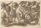 Horizontal Panel Design with Five Male Figures Fighting a Dragon, Anonymous, Italian, Venetian, 17th century Italian, Pen and brown ink over leadpoint