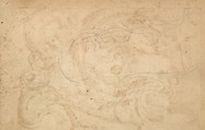Horizontal Panel Design with a Male Figure, a Putto and a Snake Interspersed between Acanthus Rinceaux, Anonymous, Italian, Venetian, 17th century, Pen and brown ink over leadpoint
