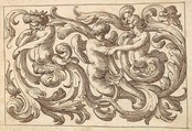 Horizontal Panel Design with Three Young Male Figures Interspersed between Acanthus Rinceaux, Anonymous, Italian, Venetian, 17th century  Italian, Pen and brown ink over leadpoint