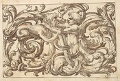 Horizontal Panel Design with a Man fighting a Sphinx and a Fantastical Creature Interspersed between Acanthus Rinceaux, Anonymous, Italian, Venetian, 17th century Italian, Pen and brown ink over leadpoint