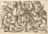 Horizontal Panel Design with a Sphinx, Two Putti and a Lionesque Fantastical Creature Interspersed Between Acanthus Rinceaux., Anonymous, Italian, Venetian, 17th century  Italian, Pen and brown ink over leadpoint