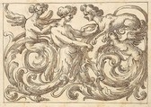 Horizontal Panel Design with a Three Androgynous Figures and a Sphinx Combined with Acanthus Rinceaux, Anonymous, Italian, Venetian, 17th century  Italian, Pen and brown ink over leadpoint