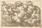 Horizontal Panel Design with Four Hybrid Male Figures and a Fantastical Creature Interspersed between Acanthus Rinceaux, Anonymous, Italian, Venetian, 17th century  Italian, Pen and brown ink over leadpoint